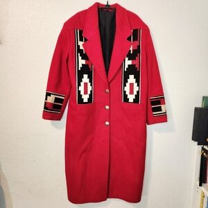 Vintage Pioneer Wear Southwestern Red Chimayo Blanket Patterned Women's Coat, M
